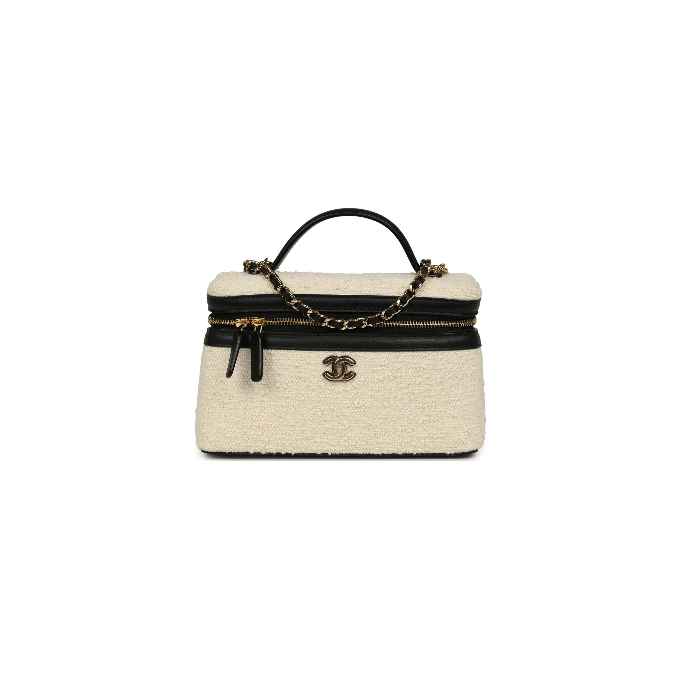 CHANEL MASTER COCO BEACH TOP HANDLE LONG VANITY CASE WITH CHAIN ECRU TWEED AND BLACK CALFSKIN GOLD HARDWARE (19*13*5cm)
